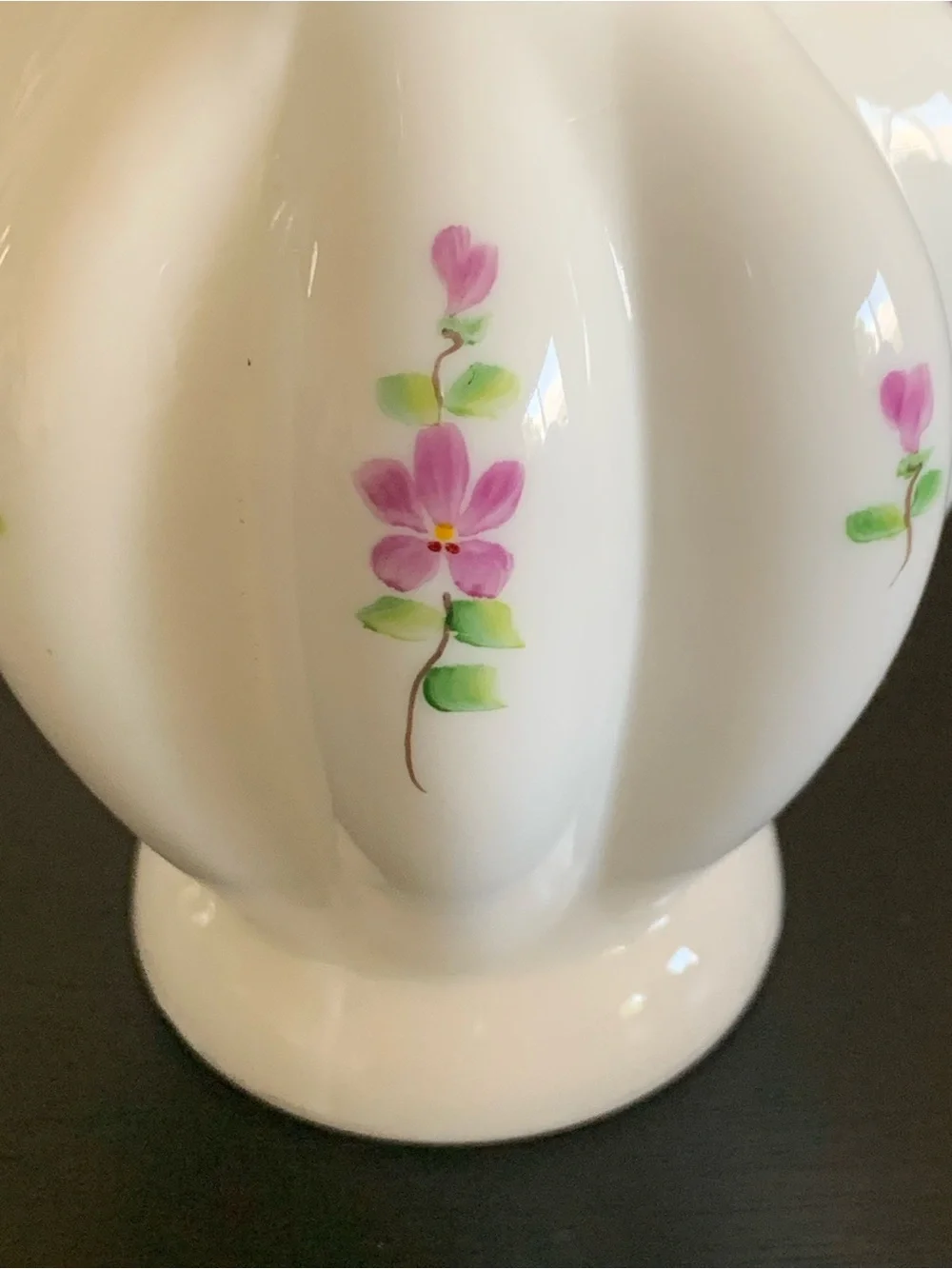Fenton Silver Crest Milk Glass “Violets in the Snow” Ruffle Edge Melon Vase